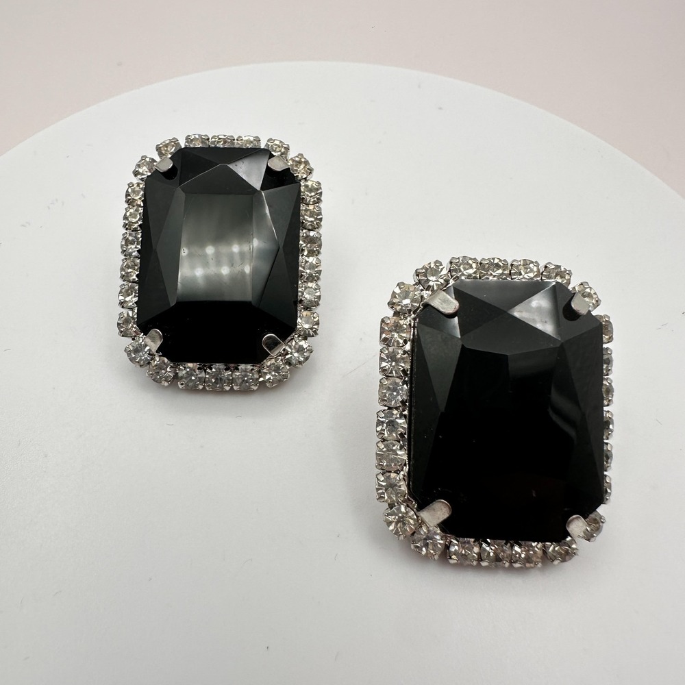 Vintage 90s Silver Tone Black Onyx Clear Rhinestone Stud Earrings Jewelry